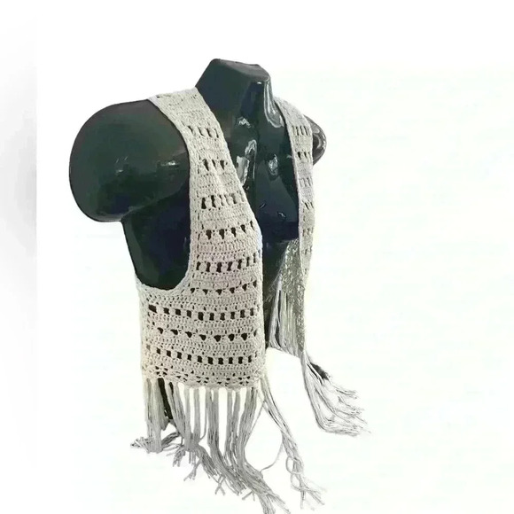 Women’s Crochet Top Size Medium M Fringe Ivory Cropped Tomato Girl Summer - Picture 5 of 13